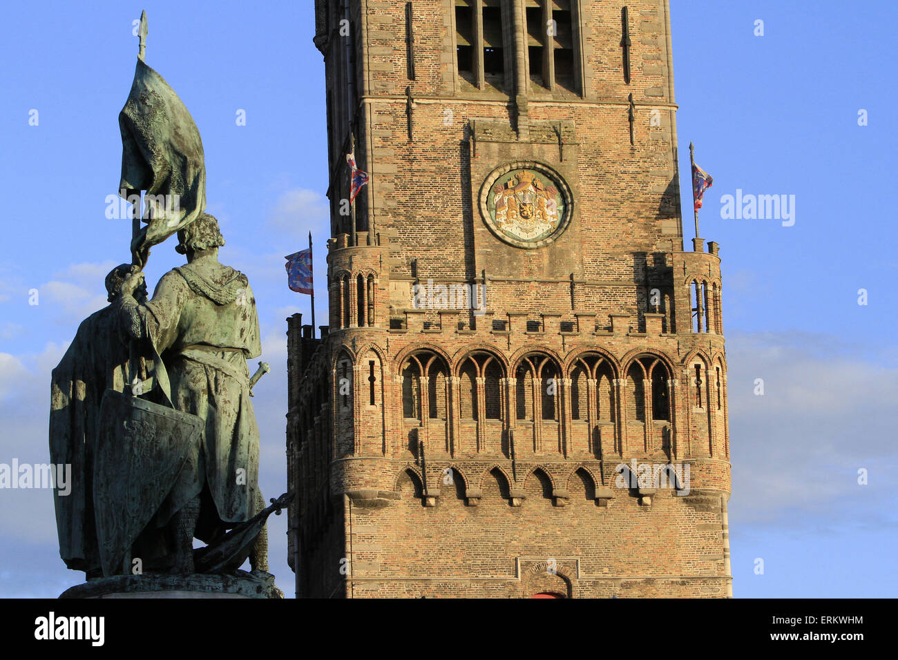 Arms, Kingdom of Belgium, Belfry of Bruges, viewed from the Grand Place, Bruges, Belgium, Europe Stock Photo