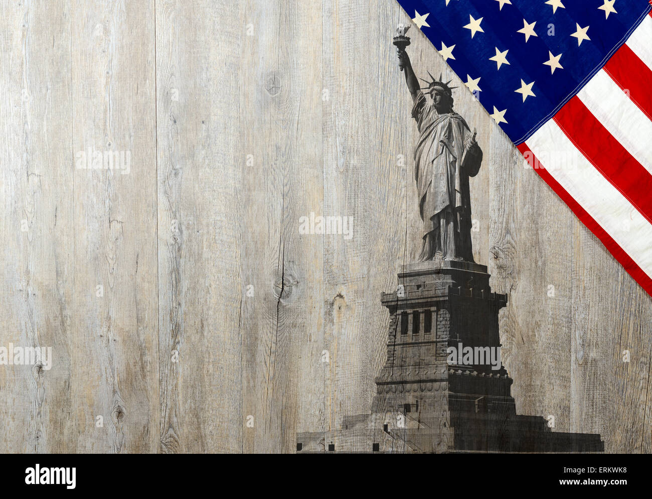 Flag of the United States of America with Statue of Liberty on wood Stock Photo