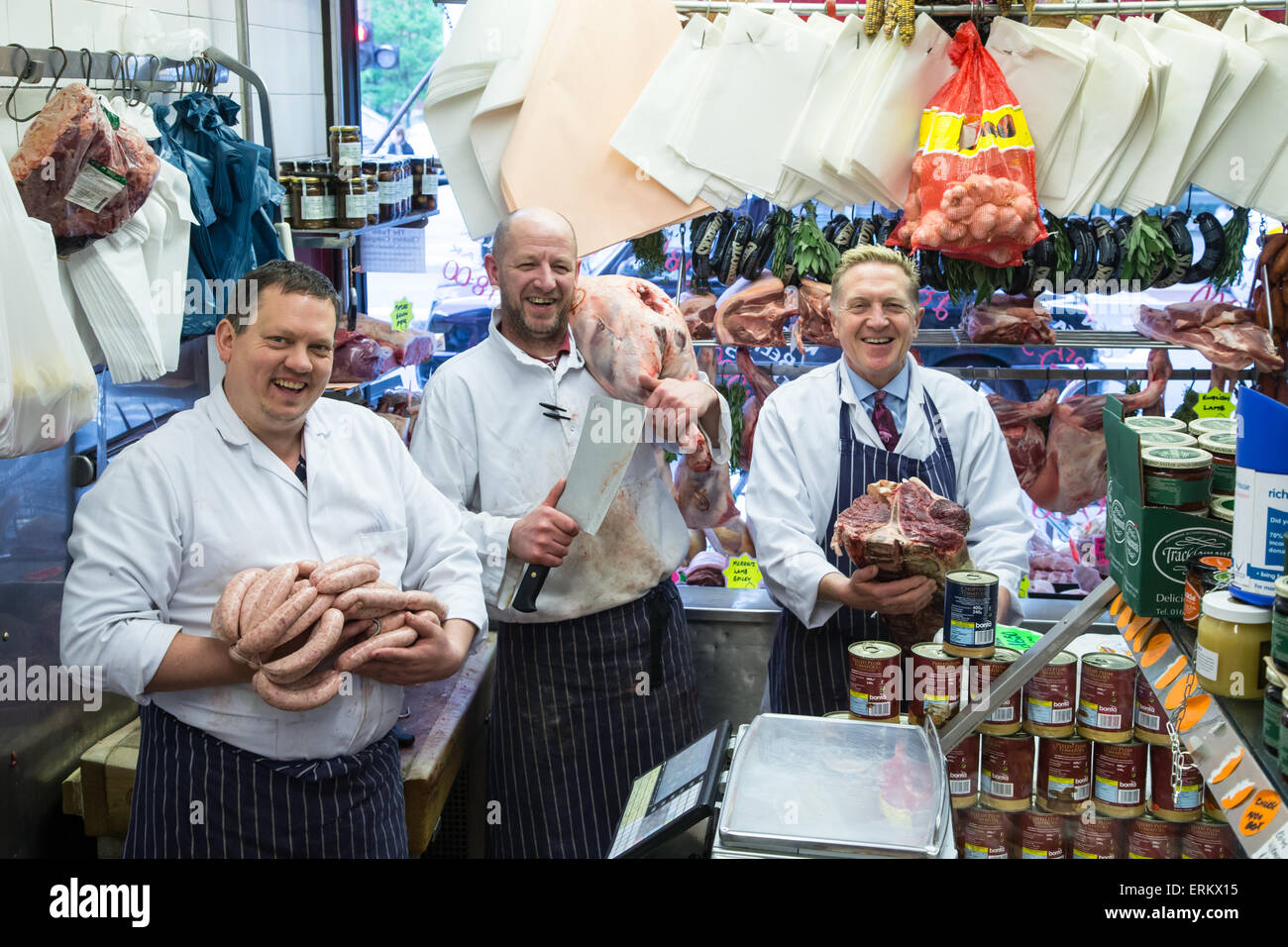 Classic traditional butchers shop selling quality fresh meat in Central London Stock Photo