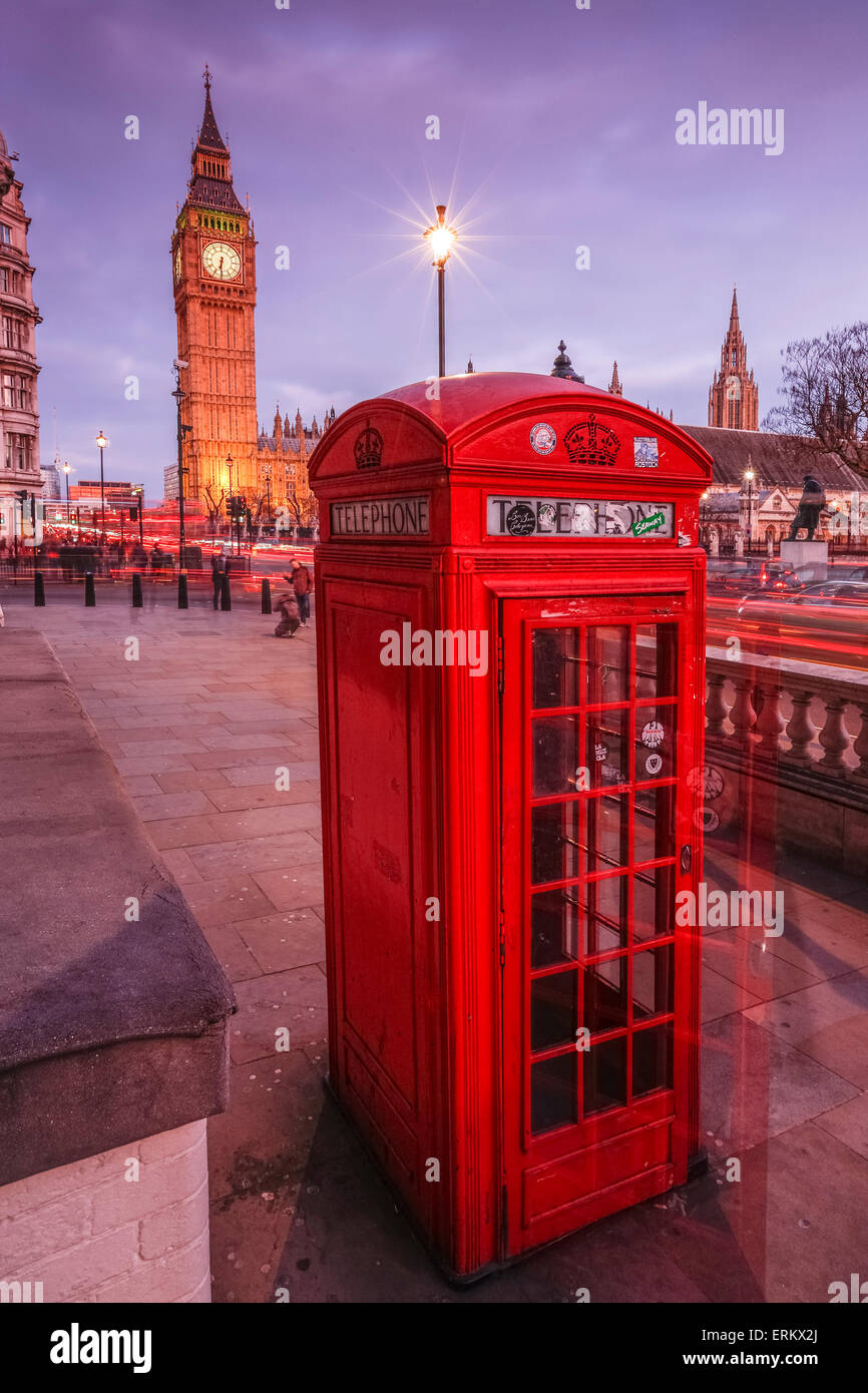 Typical English red telephone box near Big Ben, Westminster, London, England, United Kingdom, Europe Stock Photo