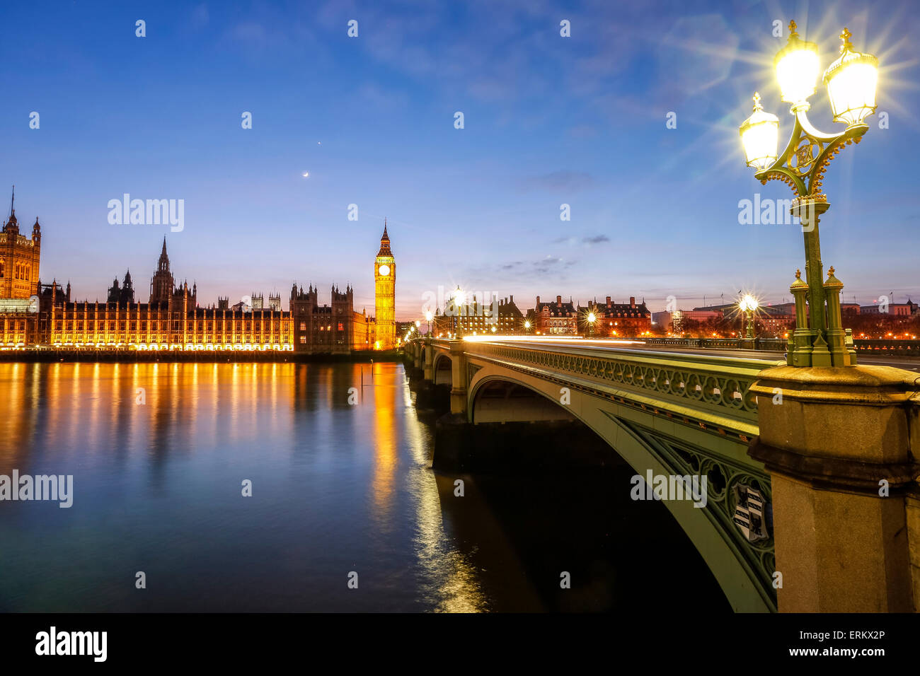 View of Big Ben and Palace of Westminster, River Thames and Westminster Bridge at night, London, England, United Kingdom, Europe Stock Photo