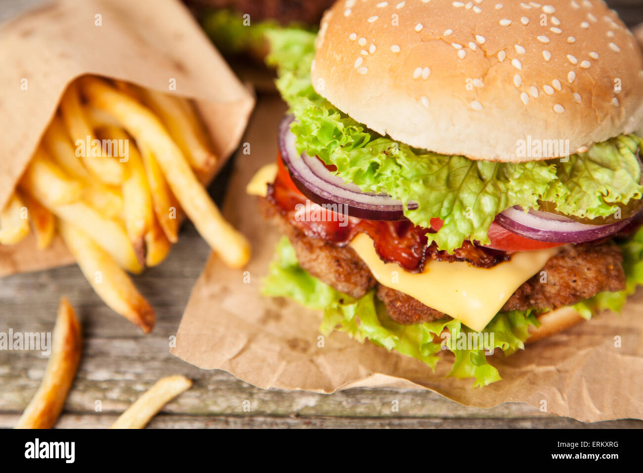 Delicious hamburger and fries Stock Photo