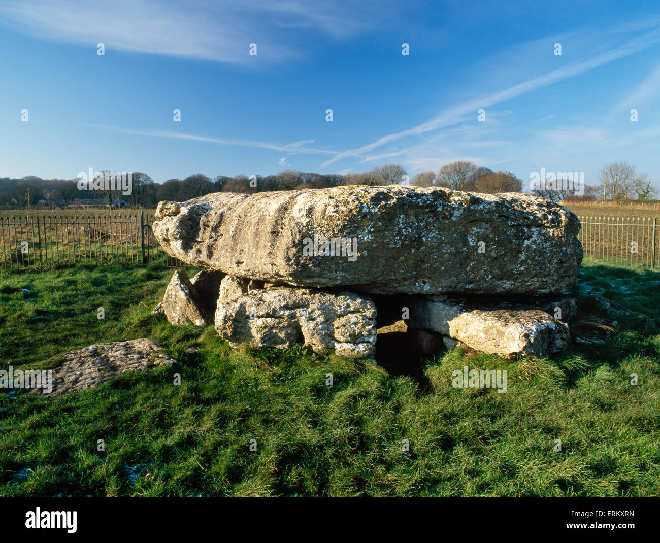 Looking NW at entrance to burial chamber of Lligwy Neolithic tomb, Anglesey, with its massive limestone capstone of c 25 tonnes. Stock Photo