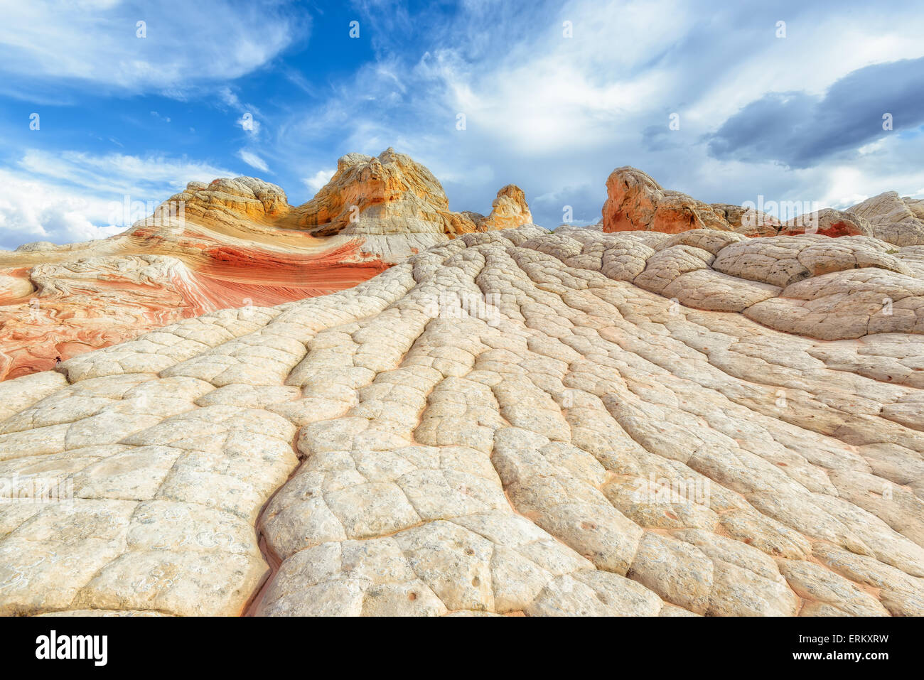 Plateau from white and red sandstone, vermilion cliffs. The area of White Pocket on the Paria Plateau in Northern Arizona, USA. Stock Photo