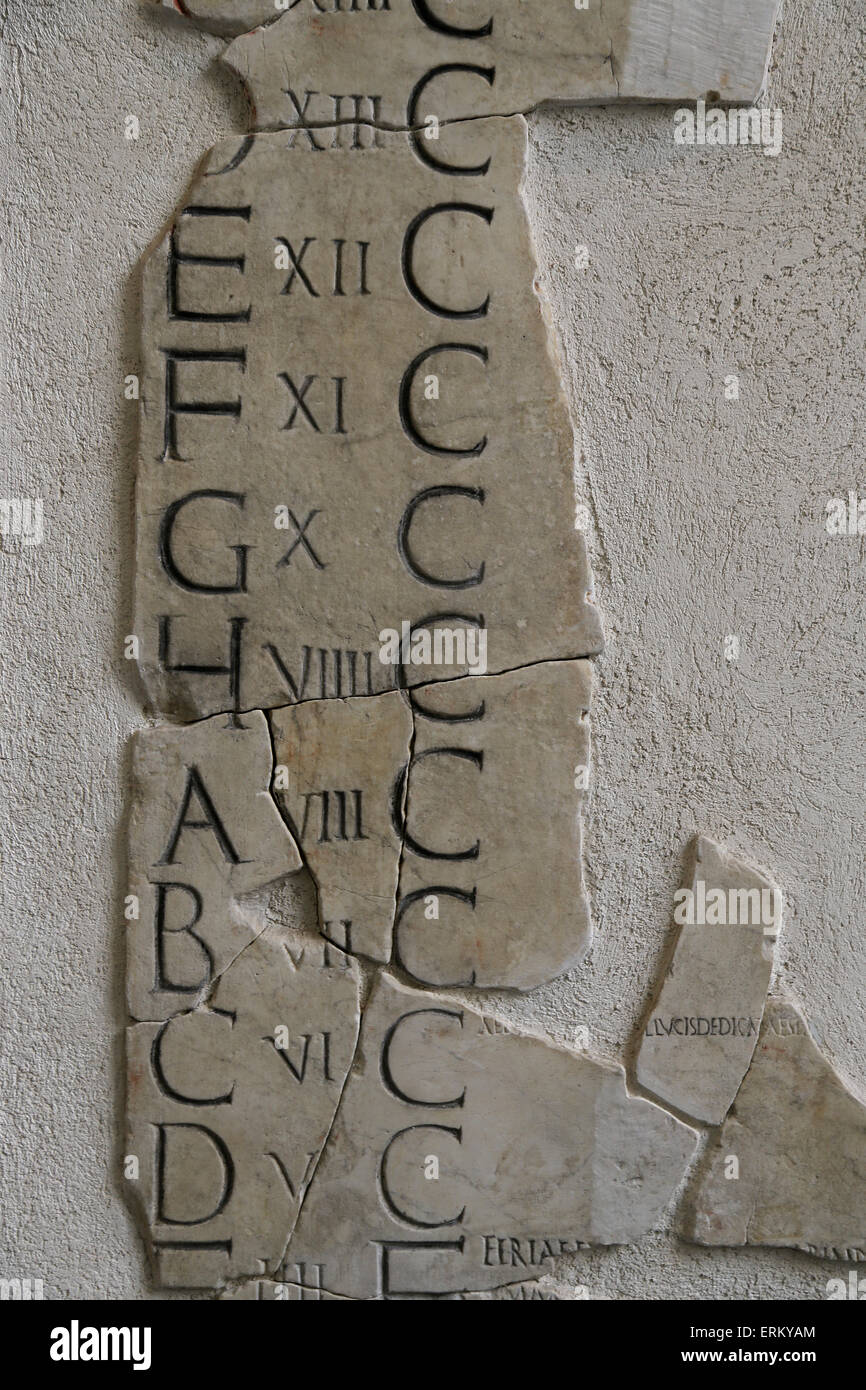 Detail of a fasti Praenestini calendar. 20-23 AD: 1st letter tells the nundinal day, followed by the type of day,and the 3rd col Stock Photo
