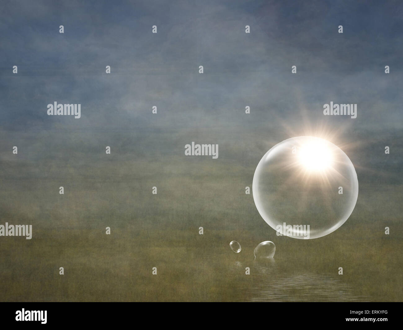 Bubbles with sun flare on gradient textured background. Stock Photo