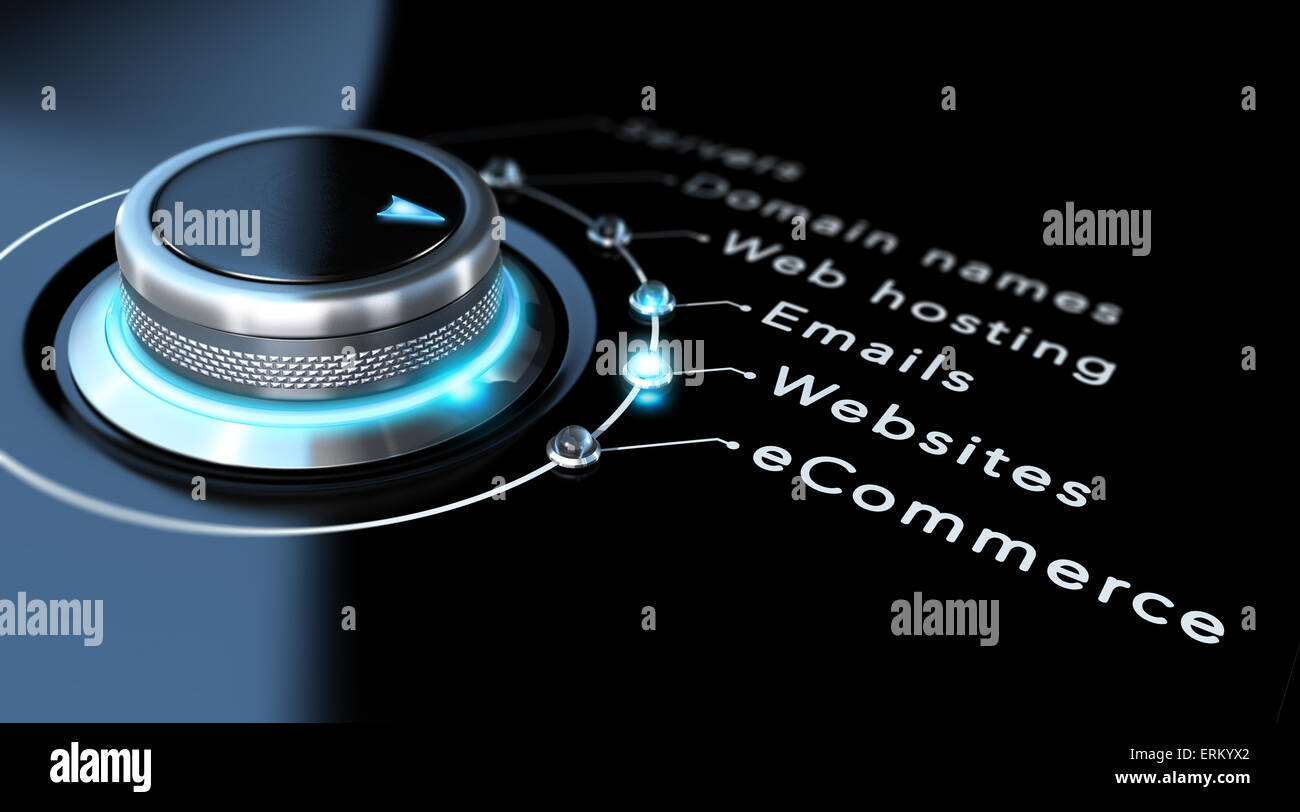 Web design company concept. Switch button pointing to websites, black  background and blue design Stock Photo - Alamy