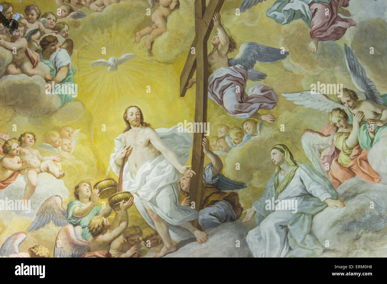 A Colorful Italian Renaissance Fresco On The Arched Ceiling Of An