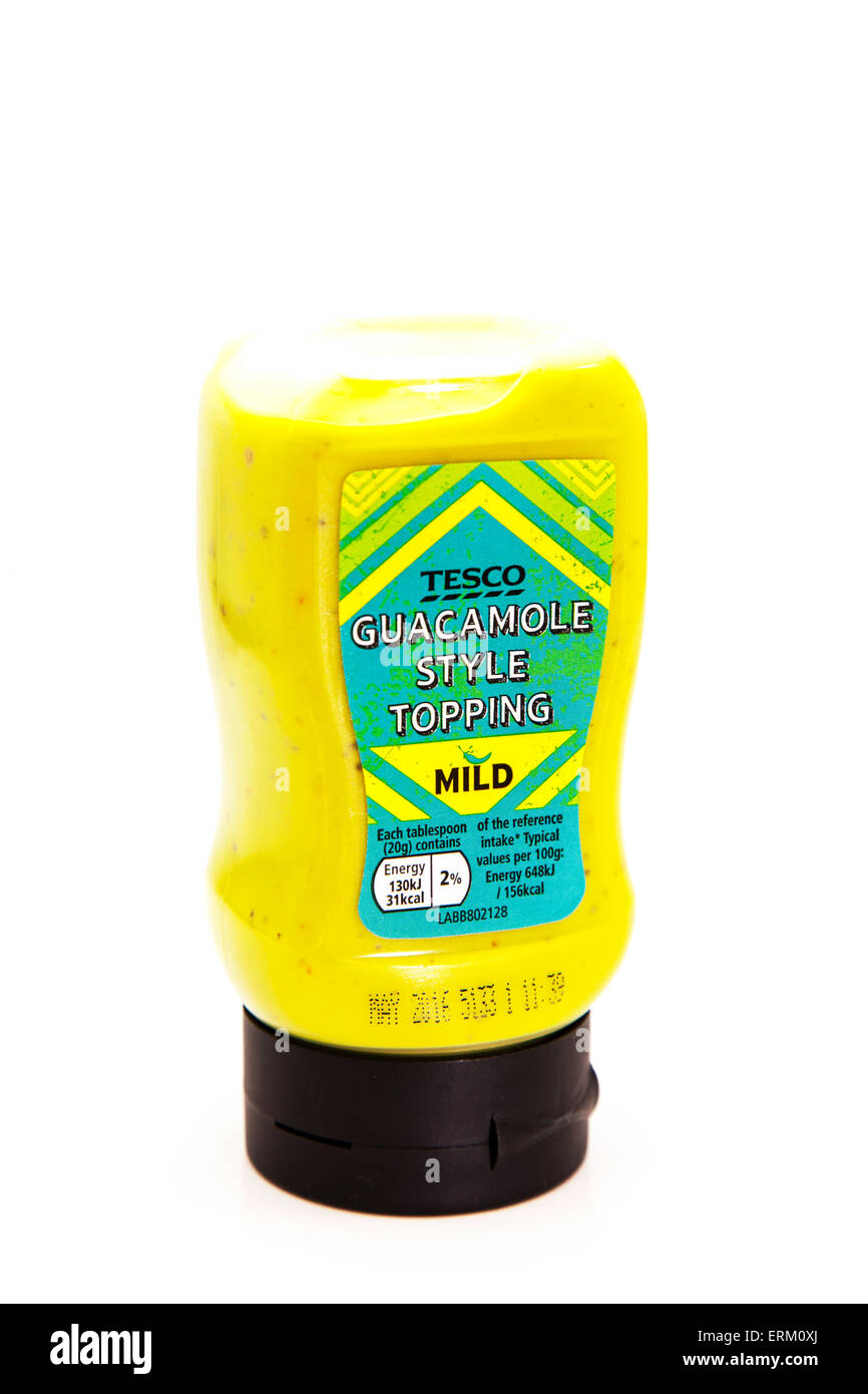 Guacamole Mexican  avocado dip dipping sauce bottle tesco isolated cutout cut out white background copy space topping mild Stock Photo