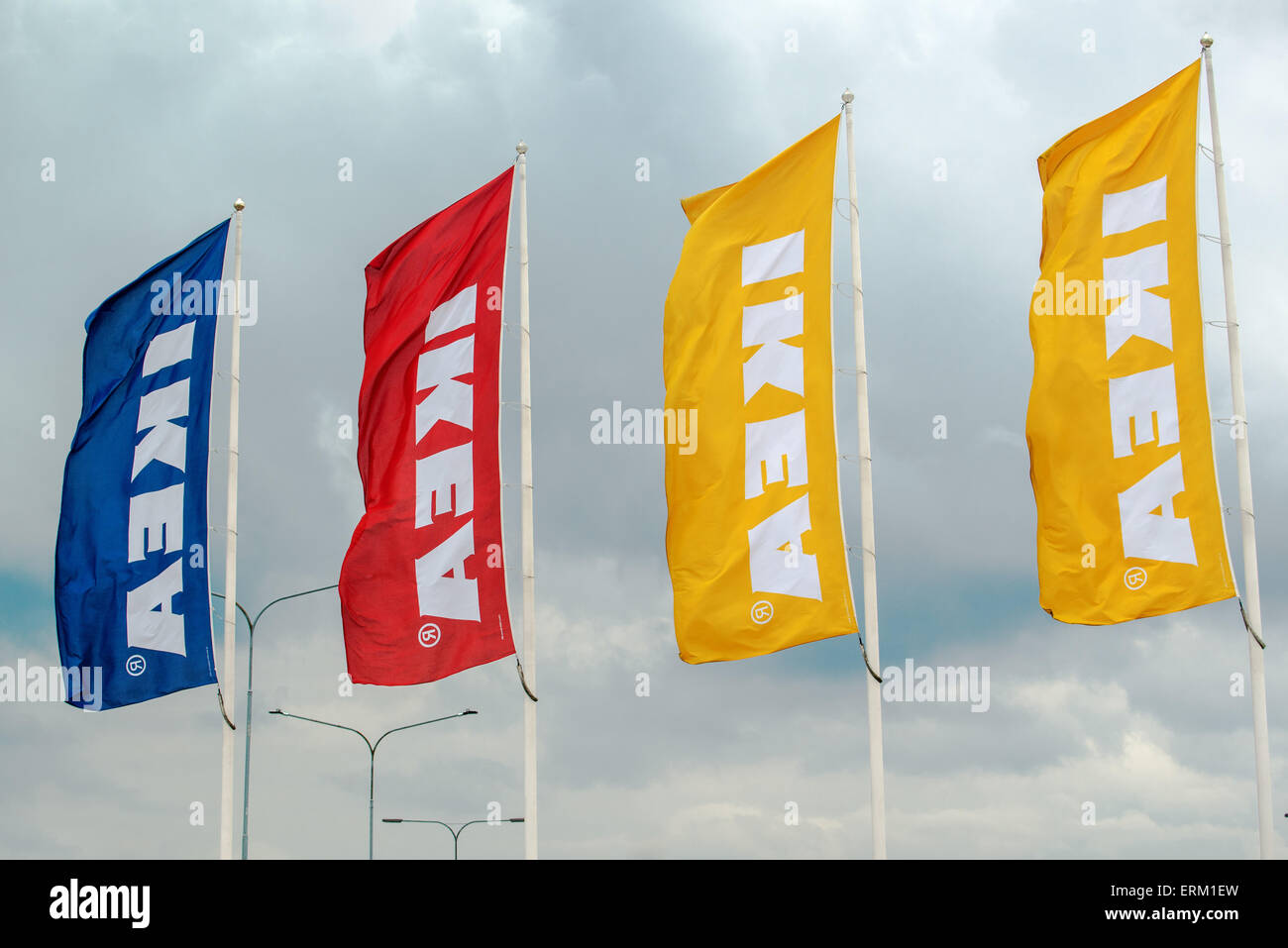 SZEGED, HUNGARY - MAY 27, 2015: Ikea banners waving on wind. Ikea is famous multinational company that designs and sells ready-t Stock Photo