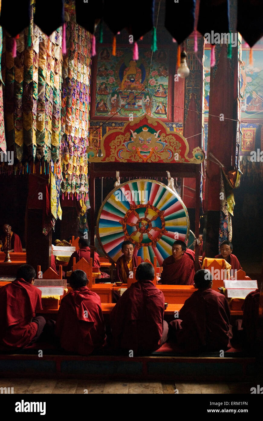Tibetan Buddhist monks of the Nyingmapa Order chant and pray at the Po Dang Gompa, or Palace Monastery in Sadeng, Tibet Autonomo Stock Photo