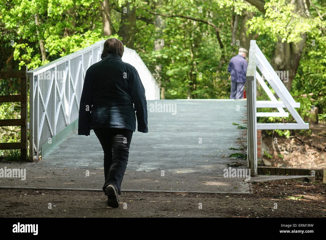 Woman on white bridge over Hartsholme Lake, Lincoln Stock Photo