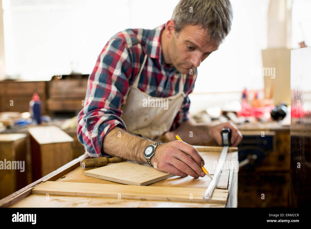 An antique furniture restorer measuring a piece of wood Stock Photo Alamy