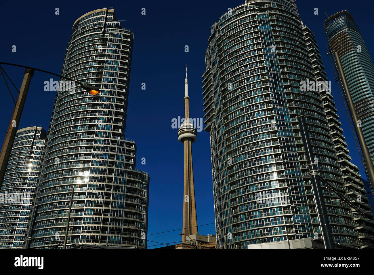 Condominiums and CN Tower at Harbourfront Centre; Toronto, Ontario, Canada Stock Photo
