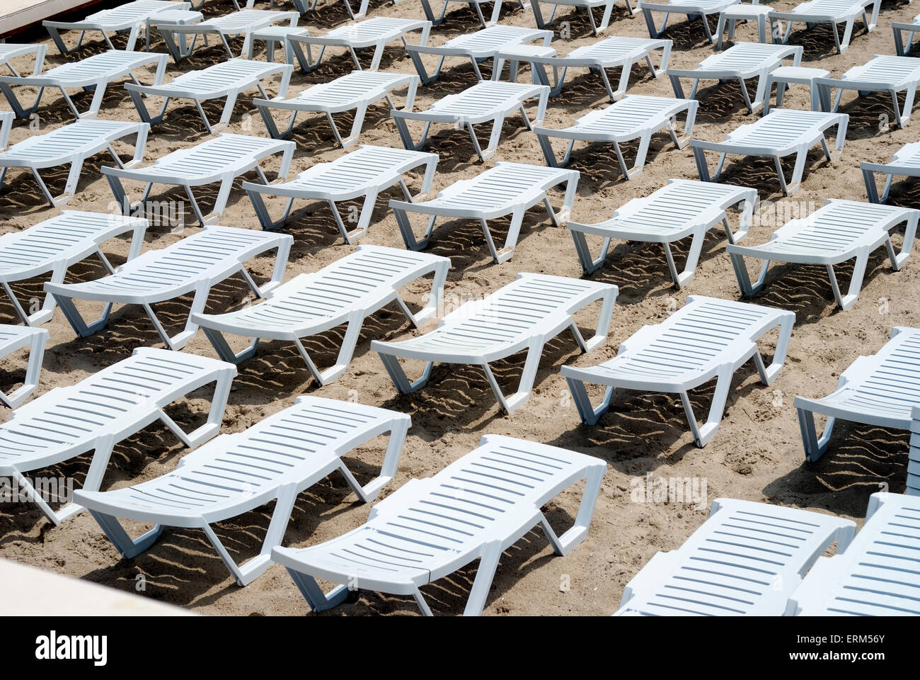 Area of a beach for comfortable rest with chaises longue Stock Photo