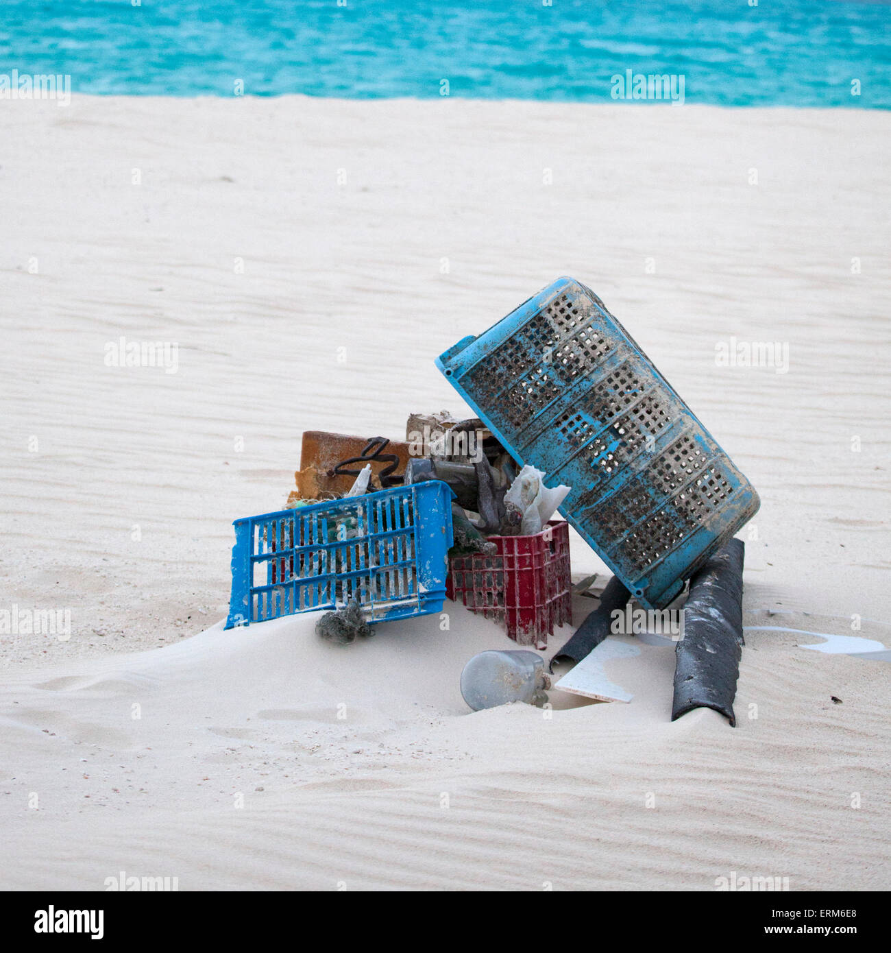 Plastic marine debris collected from beach for shipping off-island and disposal. Stock Photo