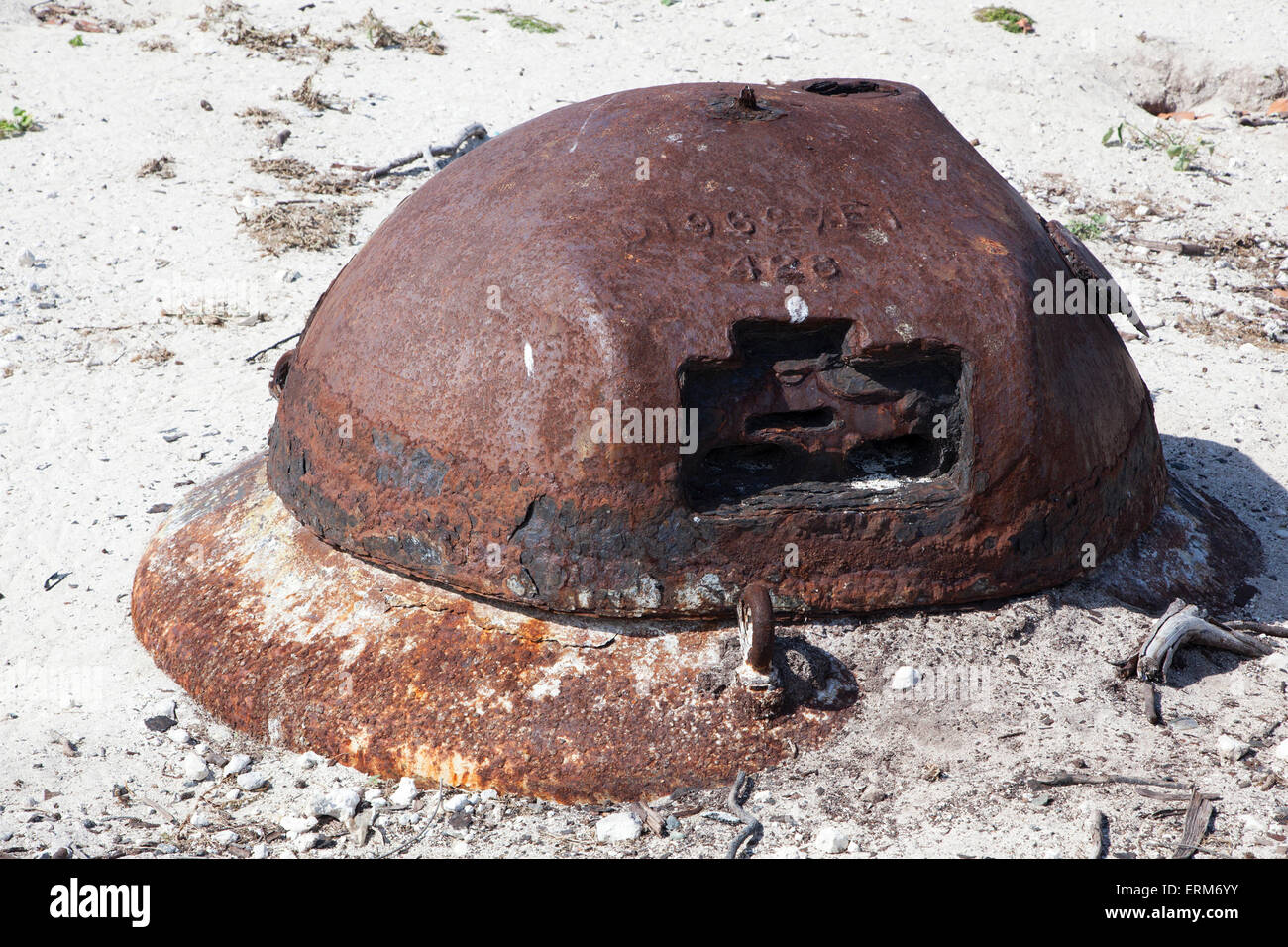 World War I tank turret set up as an instant pillbox, a last line of defense if it had been needed during WWII, Battle of Midway National Memorial Stock Photo