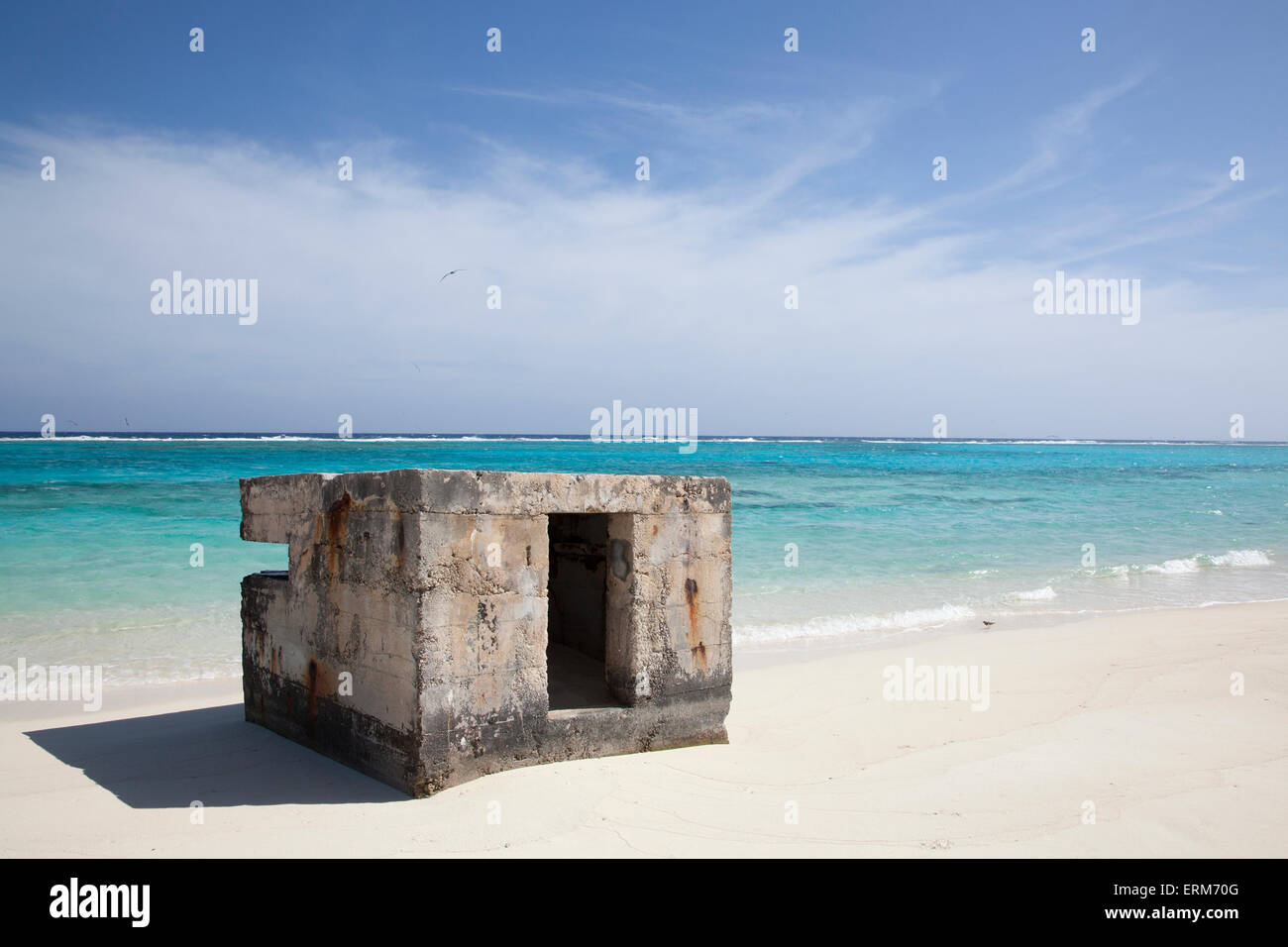 Pillbox used as a military lookout during World War II on Sand Island  beach in Midway Atoll, Battle of Midway National Memorial Stock Photo