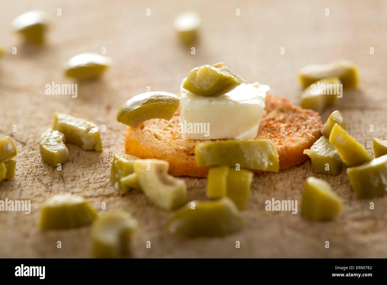 Close up of one antipasto with cheese and olive Stock Photo
