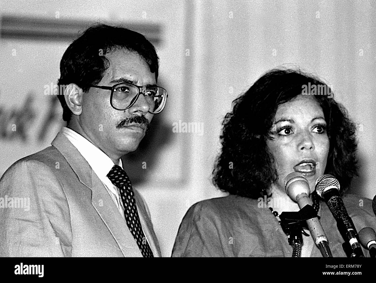 Chicago, Illinois, USA 2nd August 1986 Nicaraguan President Daniel Ortega speaks to the crowd gathered at Operation  Push. His wife Rosario Murillo who is a polyglot translates for him. ``Nicaragua is willing to negotiate with the United States toward a treaty of peace and friendship. We are willing to sign a treaty of peace and friendship with the United States immediately.`` Ortega also invited Reagan to visit Nicaragua and meet with top officials as well as the Nicaraguan people. Credit: Mark Reinstein Stock Photo