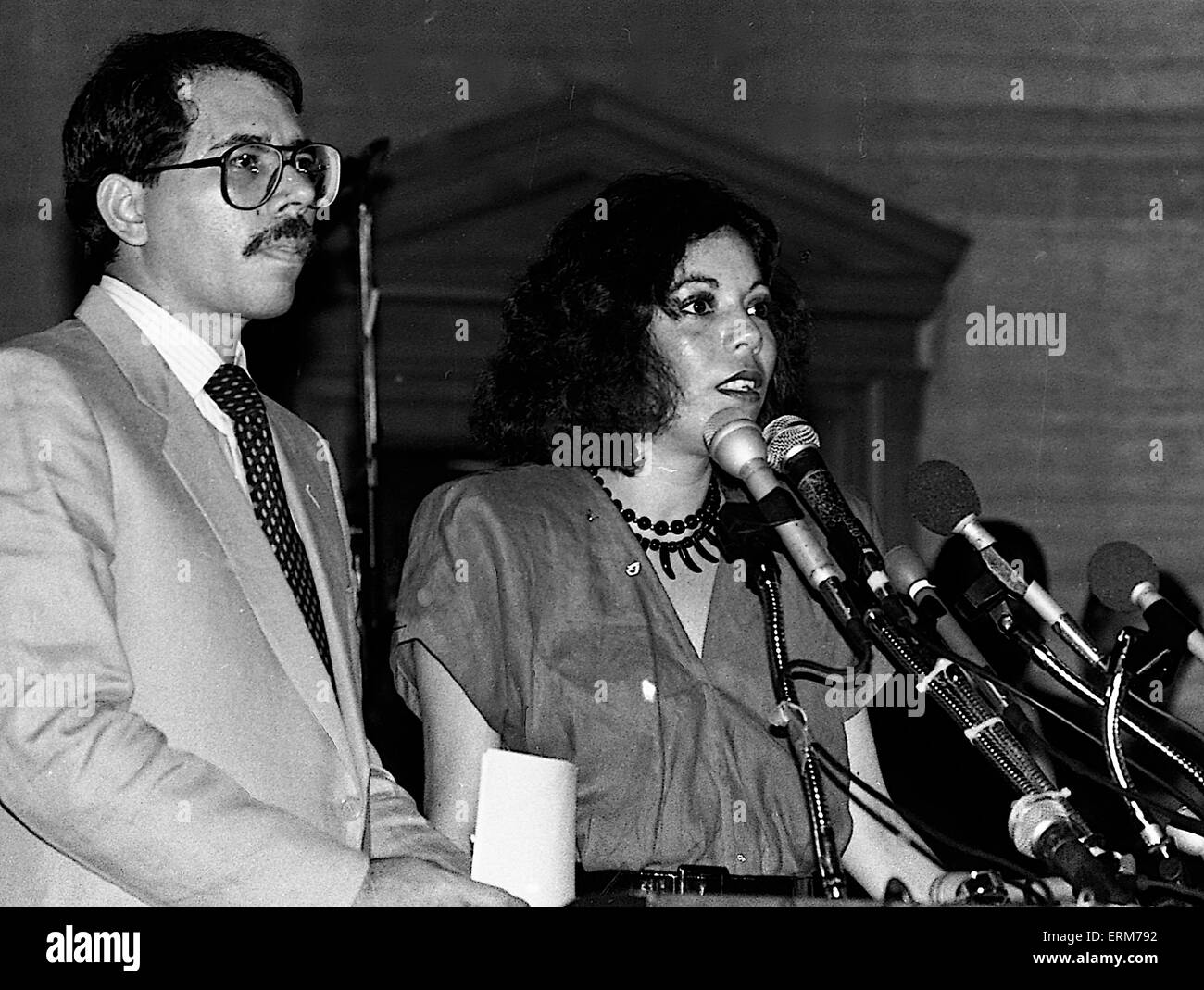Chicago, Illinois, 2nd August 1986 Nicaraguan President Daniel Ortega speaks to the crowd gathered at Operation  Push. His wife Rosario Murillo who is a polyglot translates for him. ``Nicaragua is willing to negotiate with the United States toward a treaty of peace and friendship. We are willing to sign a treaty of peace and friendship with the United States immediately.`` Ortega also invited Reagan to visit Nicaragua and meet with top officials as well as the Nicaraguan people.  Credit: Mark Reinstein Stock Photo