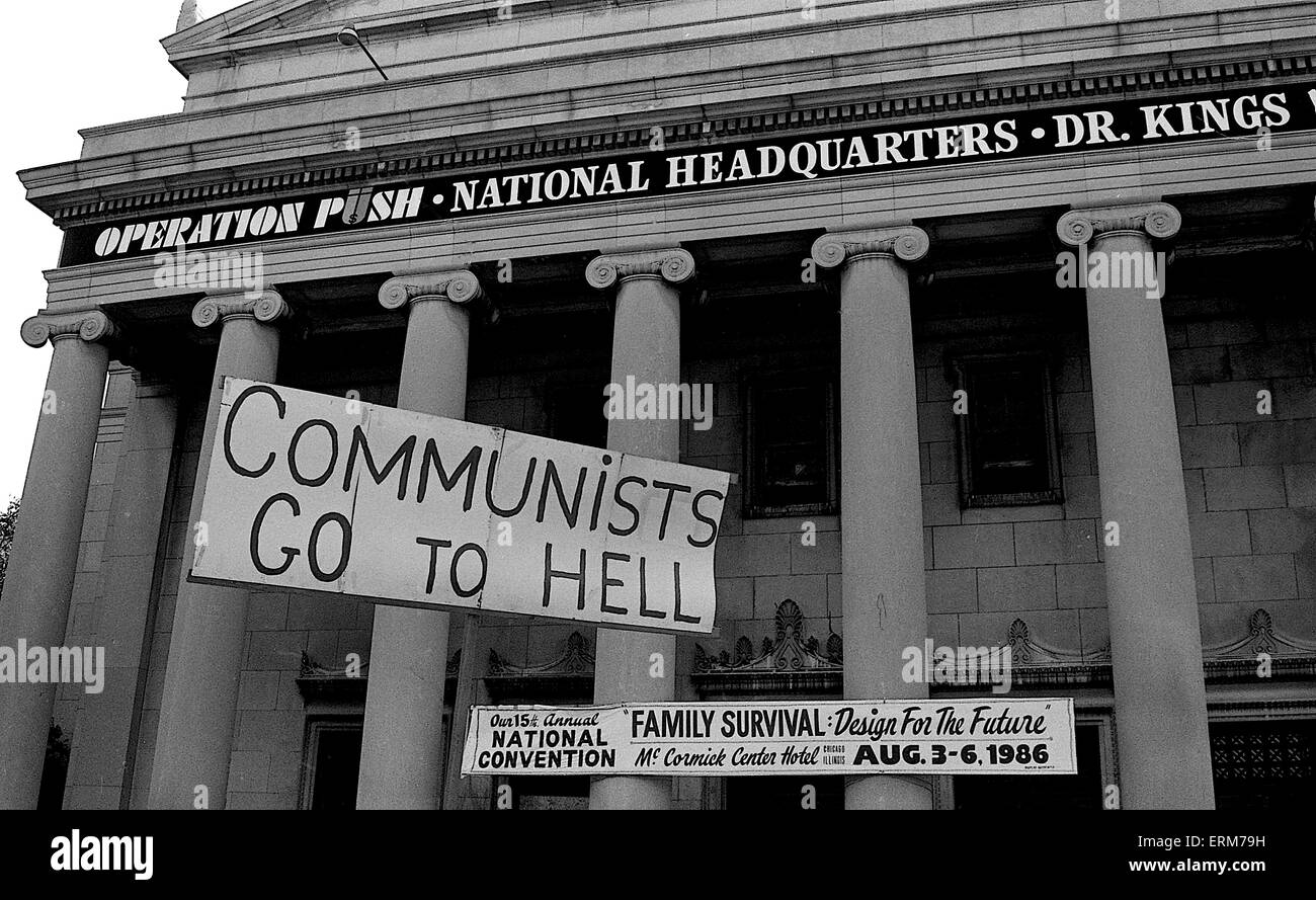 Chicago, Illinois  8-2-1986 Demostrators outside and across street from Operation Push headquarters  protesting  against the visit by Nicaraguan President Daniel Ortega. Stock Photo