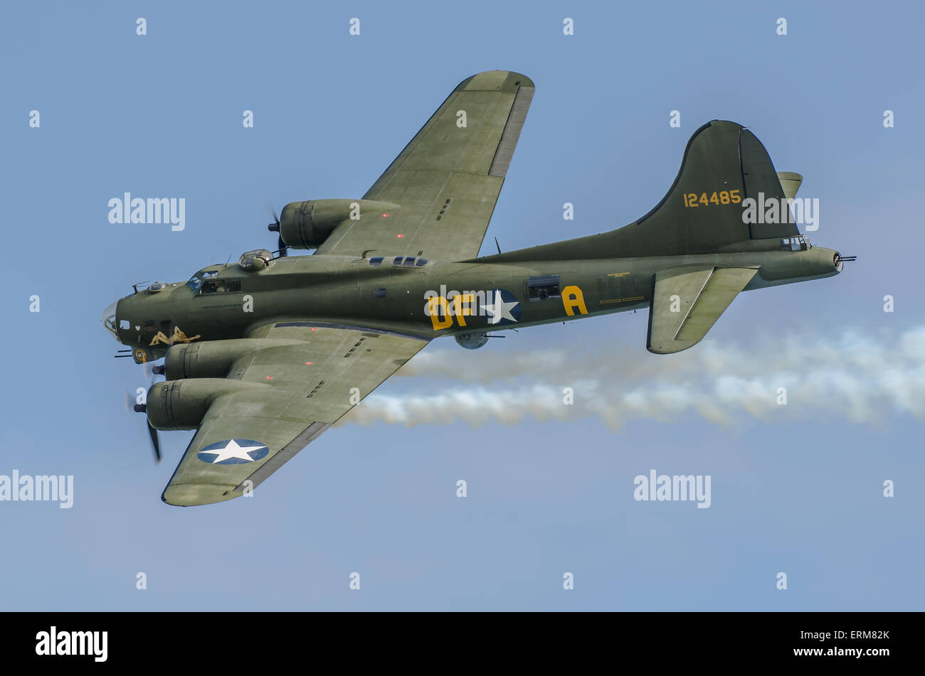 Sally B is the name of an airworthy 1945 built Boeing B-17G Flying Fortress & is the only airworthy B-17 left flying in Europe. Simulating engine fire Stock Photo