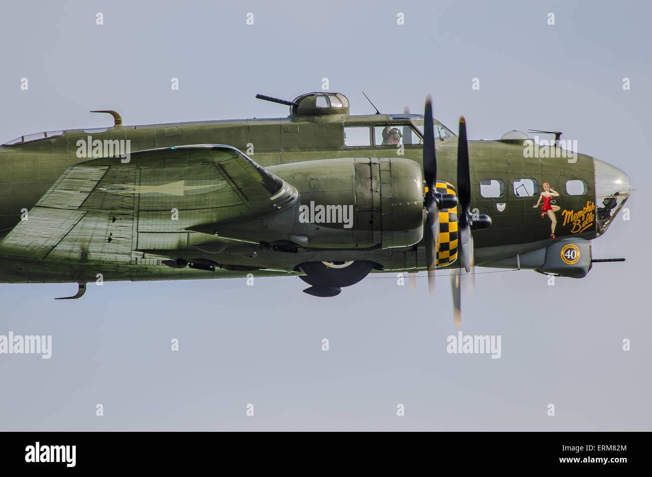 Sally B is the name of an airworthy 1945 built Boeing B-17 Flying Fortress & is the only airworthy B-17 left flying in Europe. Memphis Belle artwork Stock Photo