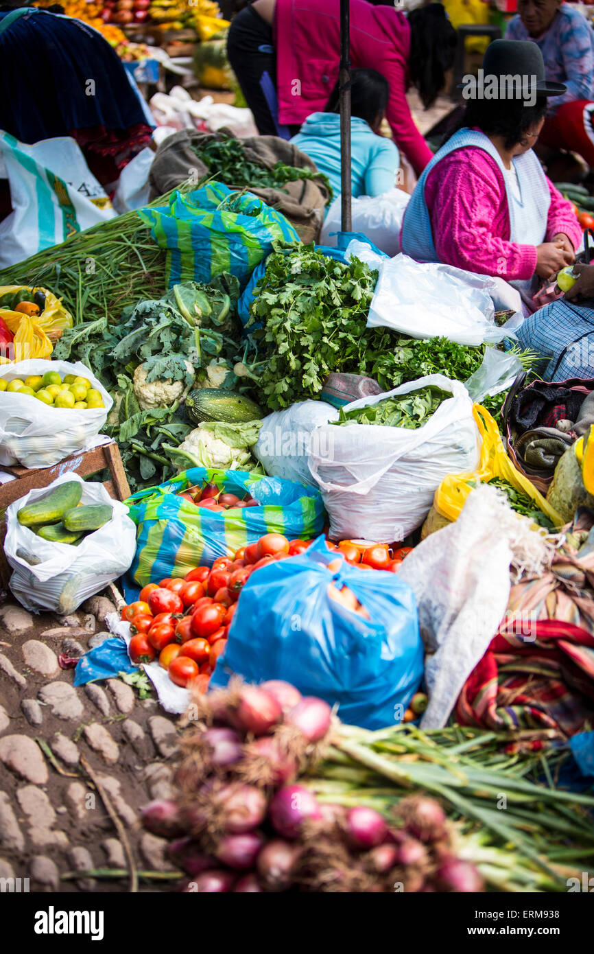 Vegetable Stand at Pisac Market in Peru Stock Photo