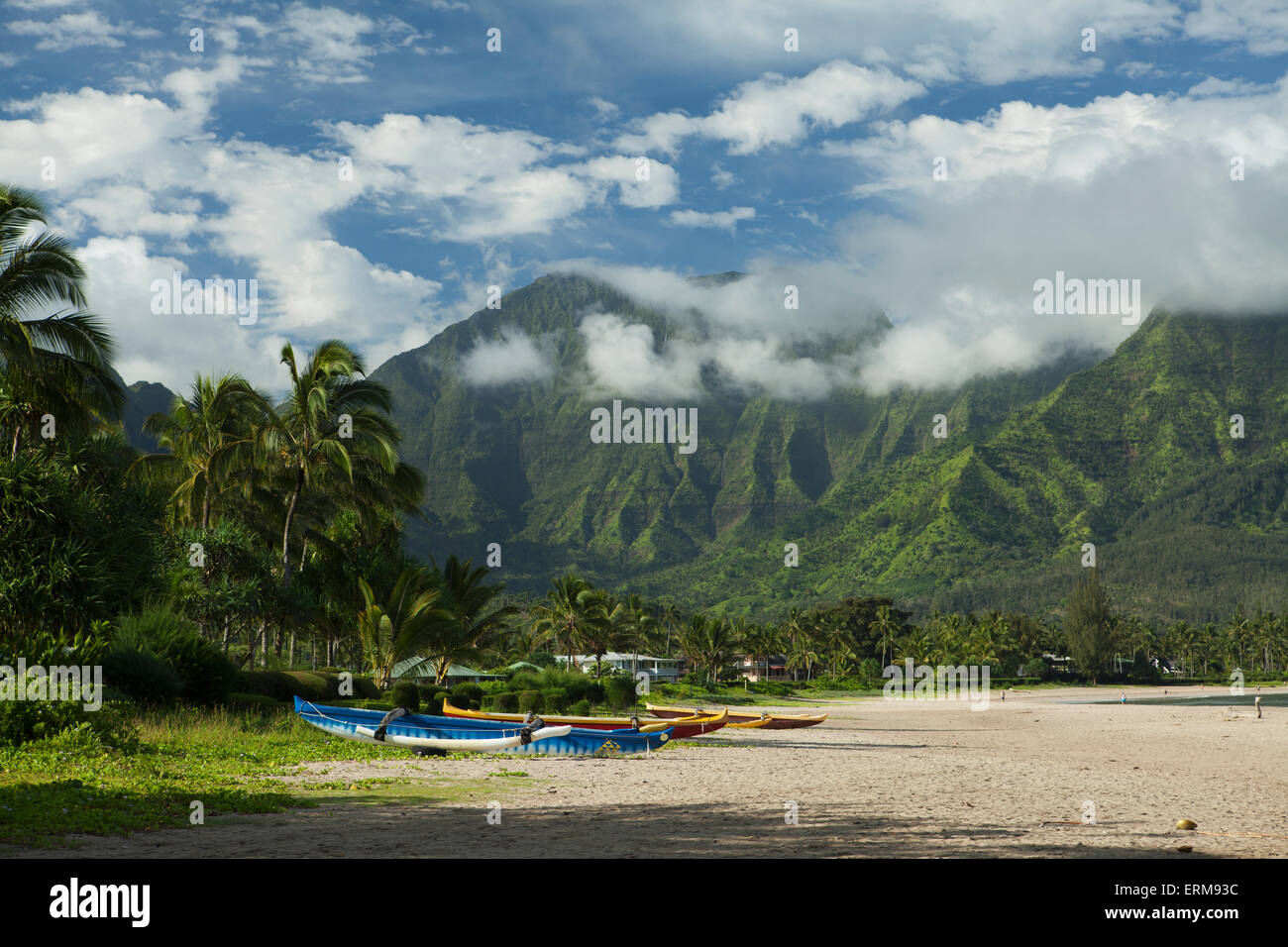 Outrigger canoes on Hanalei Beach, Bay and Valley; Hanalei, Kauai, Hawaii, United States of America Stock Photo