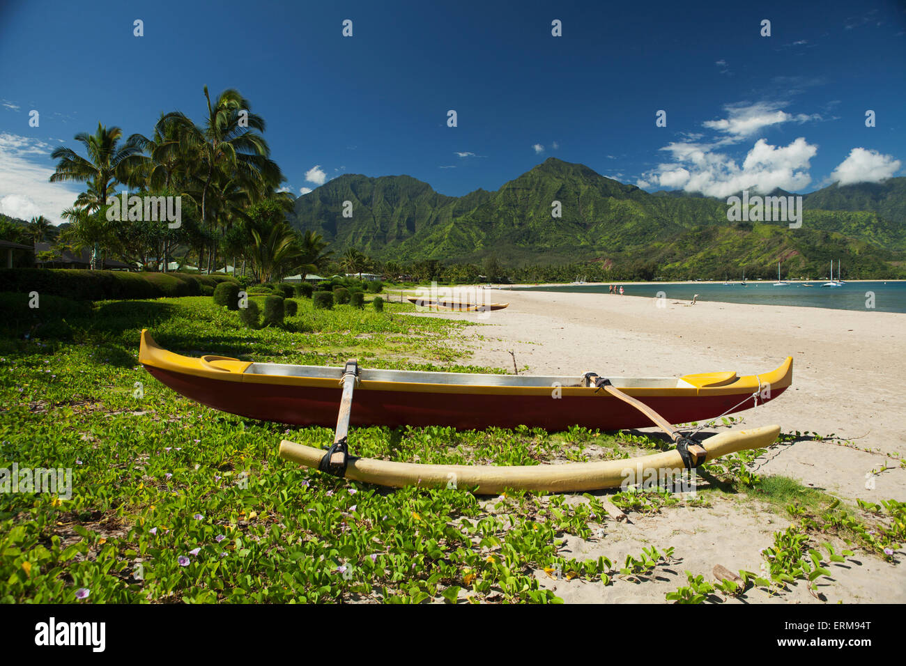 Outrigger canoe on Hanalei Beach; Hanalei, Kauai, Hawaii, United States of America Stock Photo