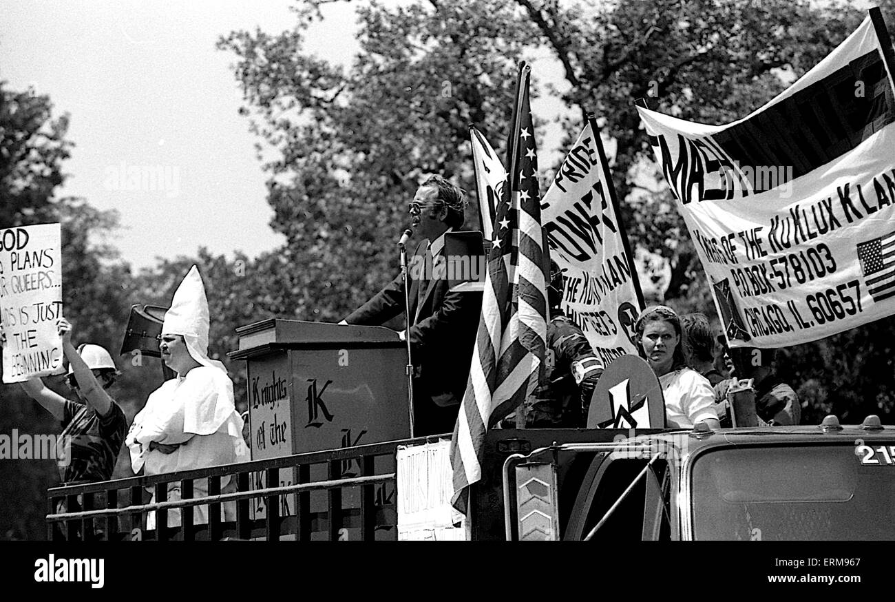 Chicago, Illinois 6-29-1986 Lincoln Park, Chicago, Thom Robb national chaplain of the KKK protest in the upscale area of Chicago's north side. This was at the planned ending spot of the city's  annual Gay Pride Day Parade. Stock Photo