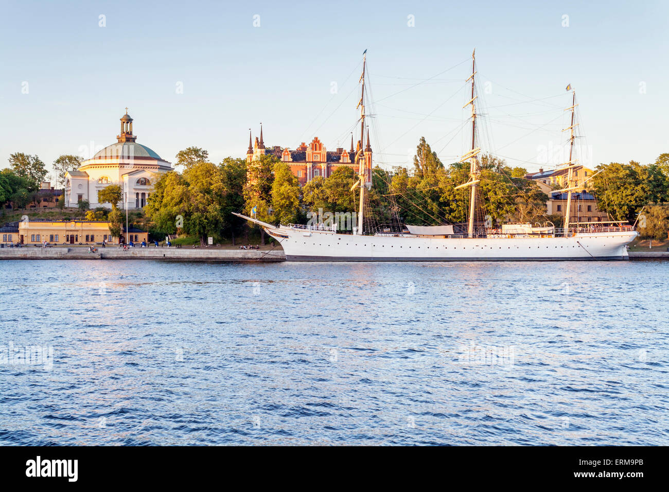 View of Eric Ericsonhallen, the af Chapman sailing ship, on Skeppsholmen island, Stockholm- Stock Photo