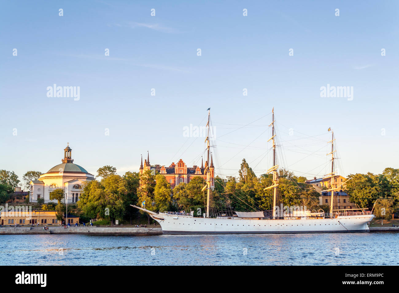 View of Eric Ericsonhallen, the af Chapman sailing ship, on Skeppsholmen island, Stockholm- Stock Photo