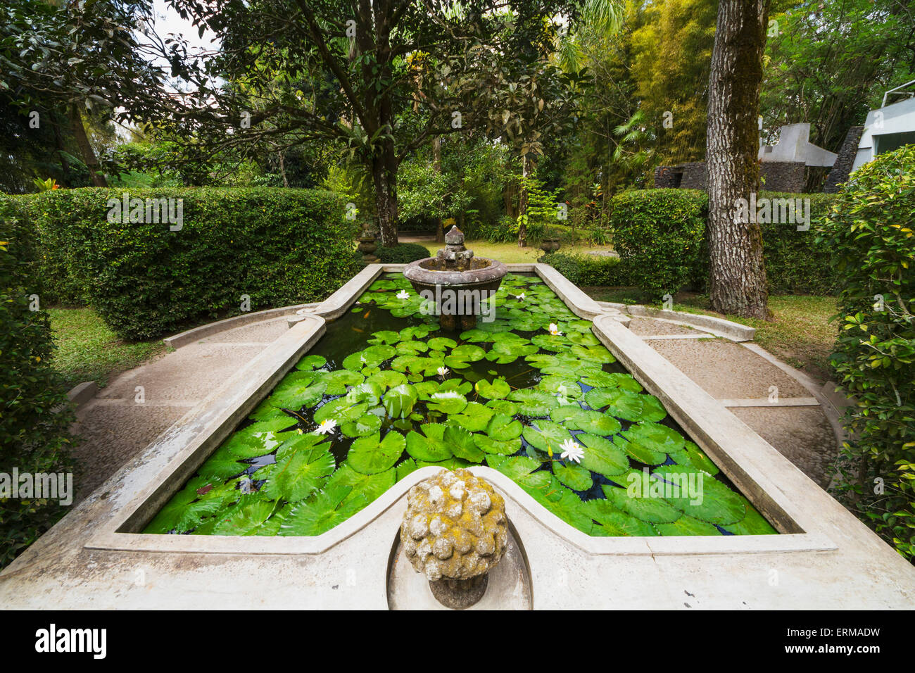 Fountain in a pool with water lilies in the gardens of the Ullen ...