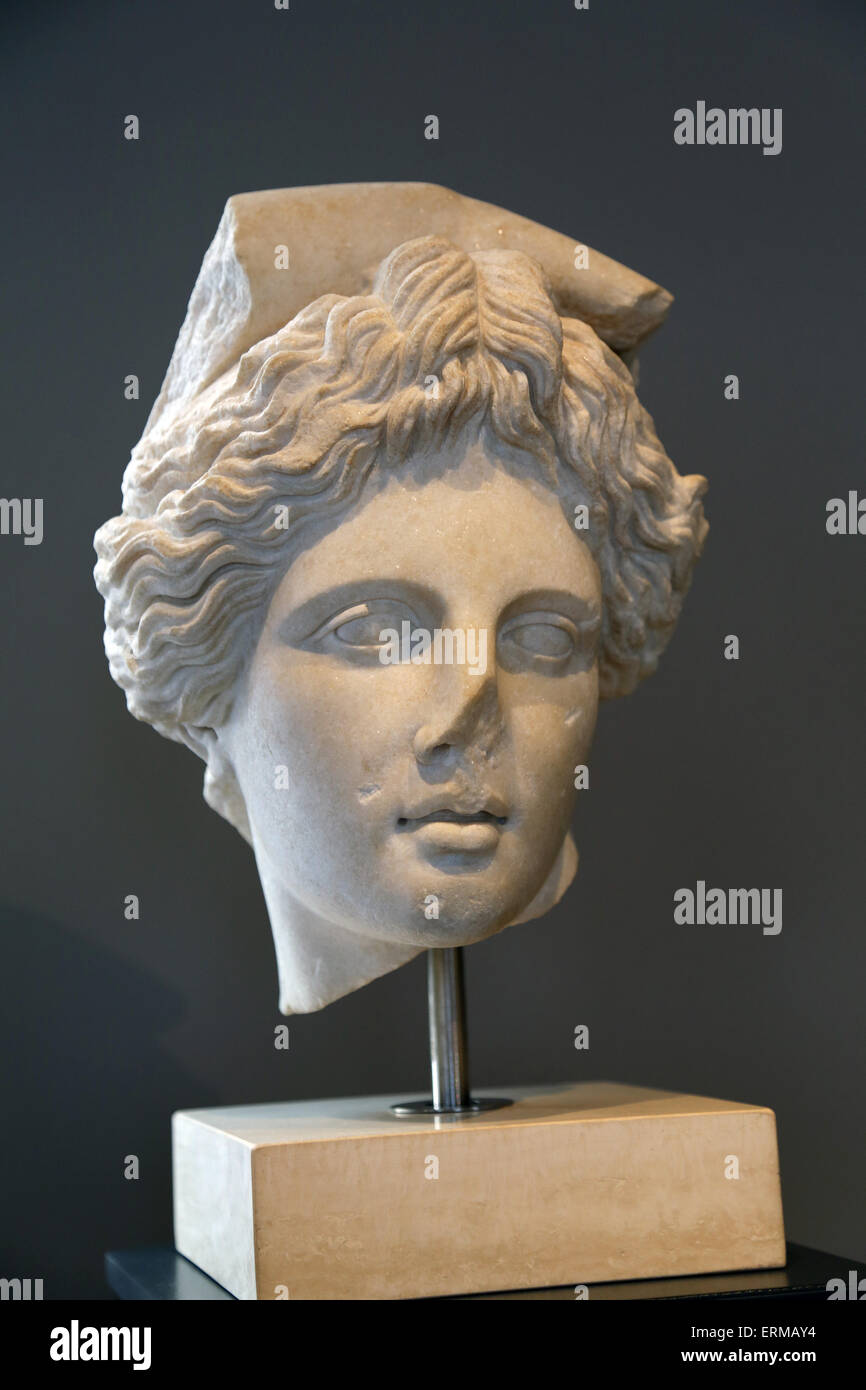 Head of Apollo. Marble, roman copy (2nd C AD) after the so-called Lycian Apollo, attributed to Praxiteles (4th C BC). Rome. Stock Photo