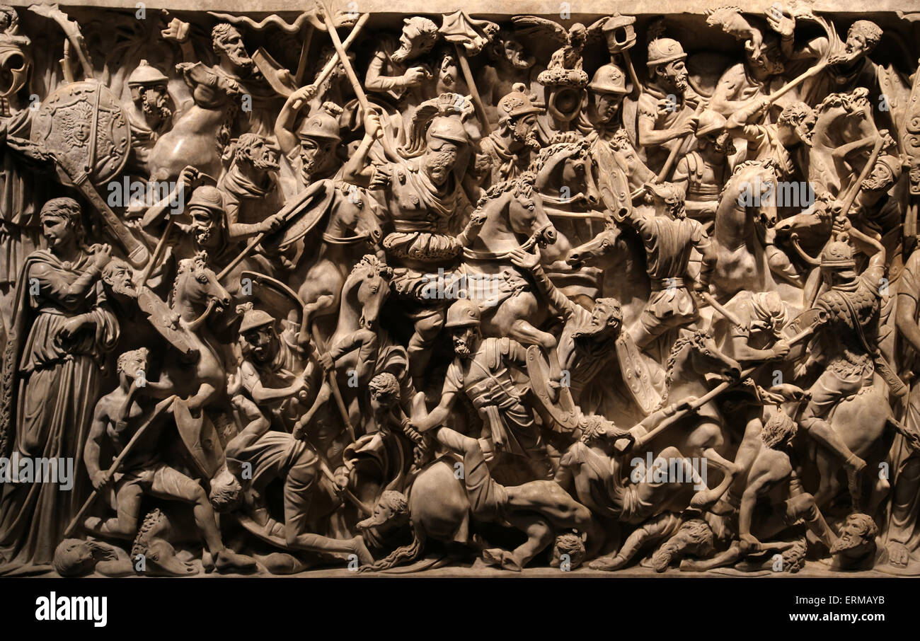 Portonaccio sarcophagus. 180 AD. Battle between Romans and Germanics in Marcomannics Wars. National Roman Museum. Palace Massimo Stock Photo