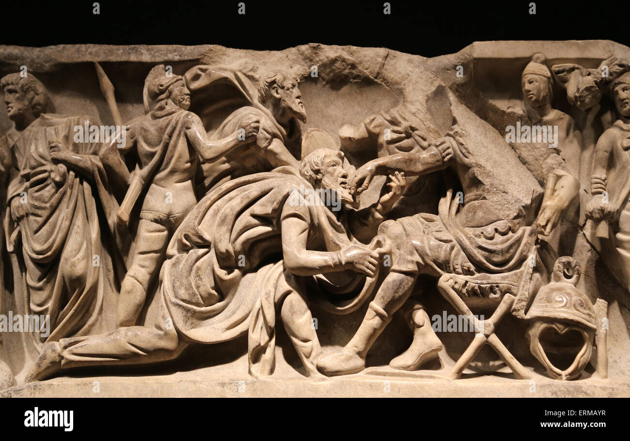 Portonaccio sarcophagus. 180 AD. Battle between Romans and Germanics in Marcomannics Wars. National Roman Museum. Palace Massimo Stock Photo