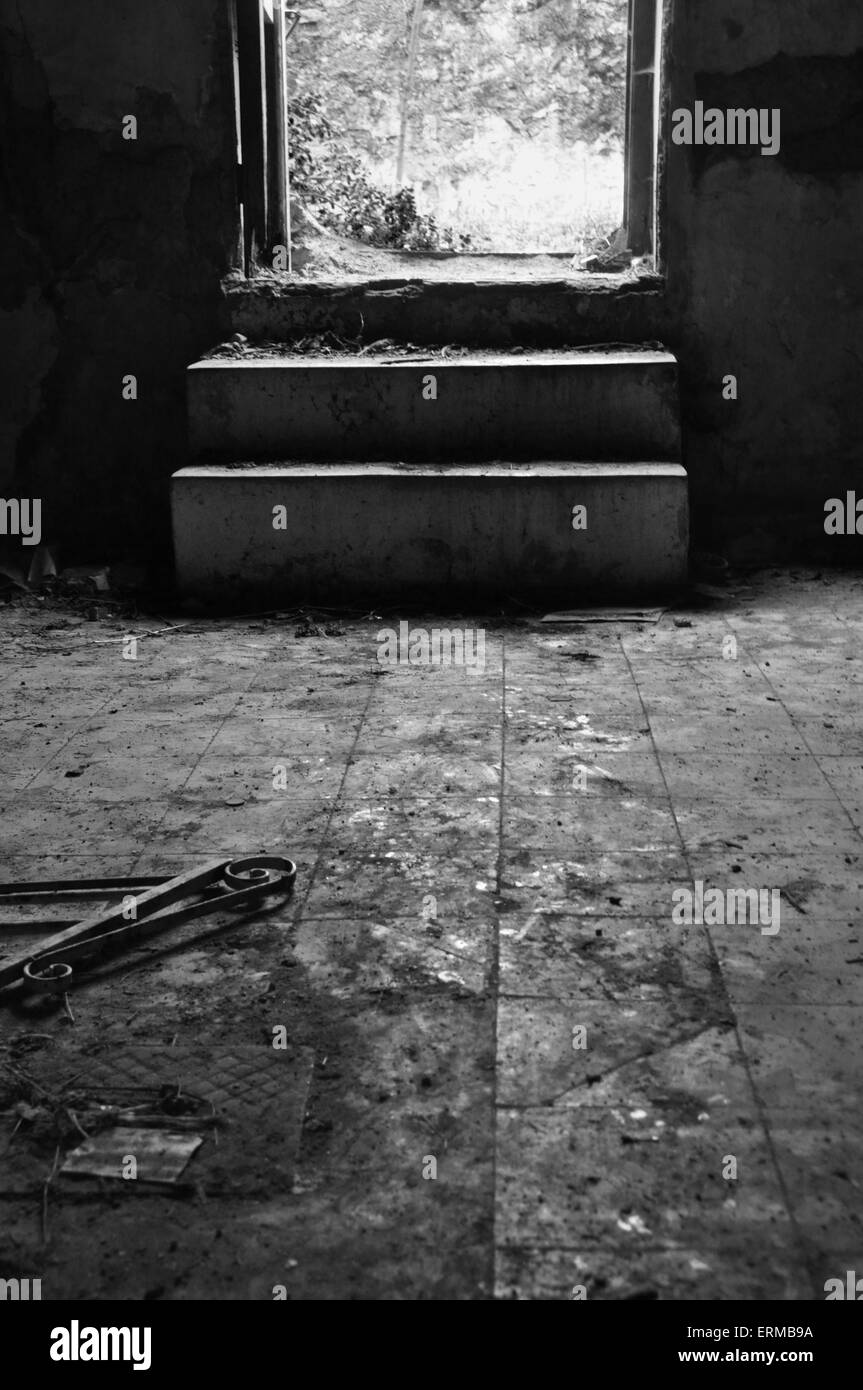 Broken door frame and debris on dirty tiled floor of an abandoned house. Black and white. Stock Photo