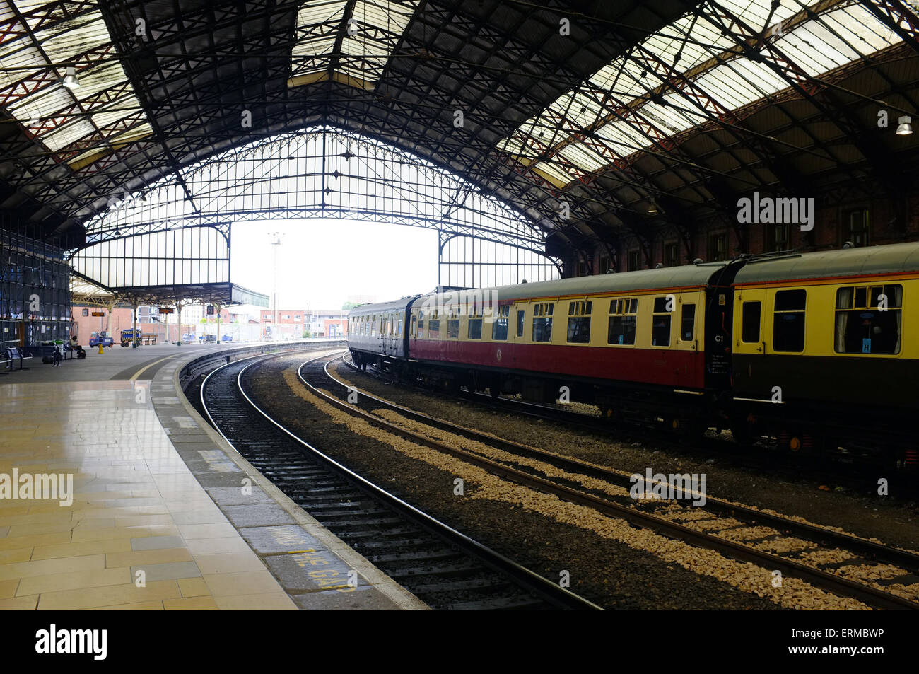 A line of old railway carriages inside Temple Meads station in Bristol. Stock Photo