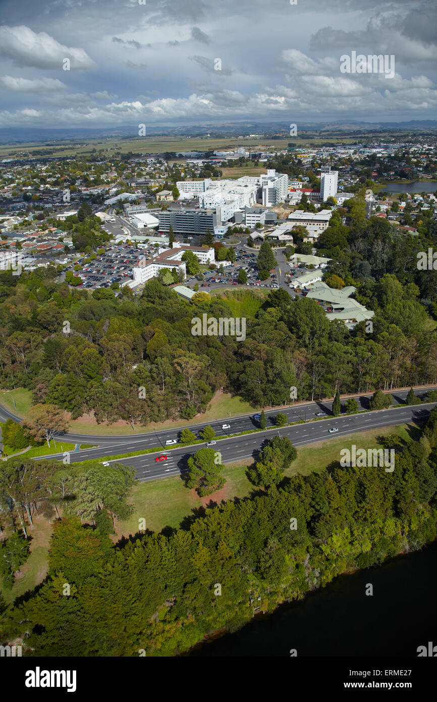 Waikato Hospital and Waikato River, Hamilton, Waikato, North Island, New Zealand aerial Stock