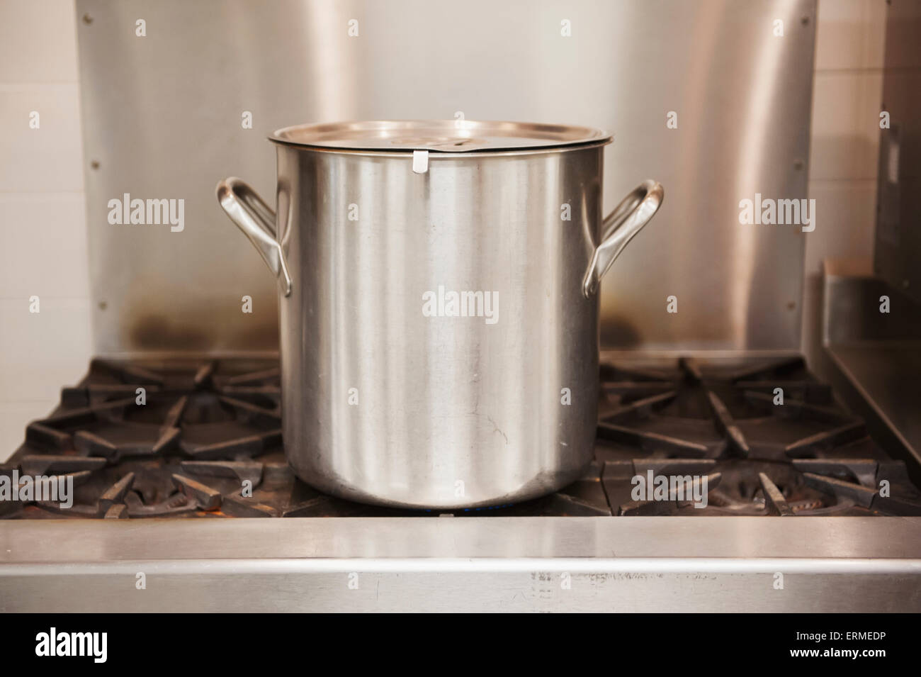 Stainless steel soup pot on range top; Denton, Maryland, United States of America Stock Photo