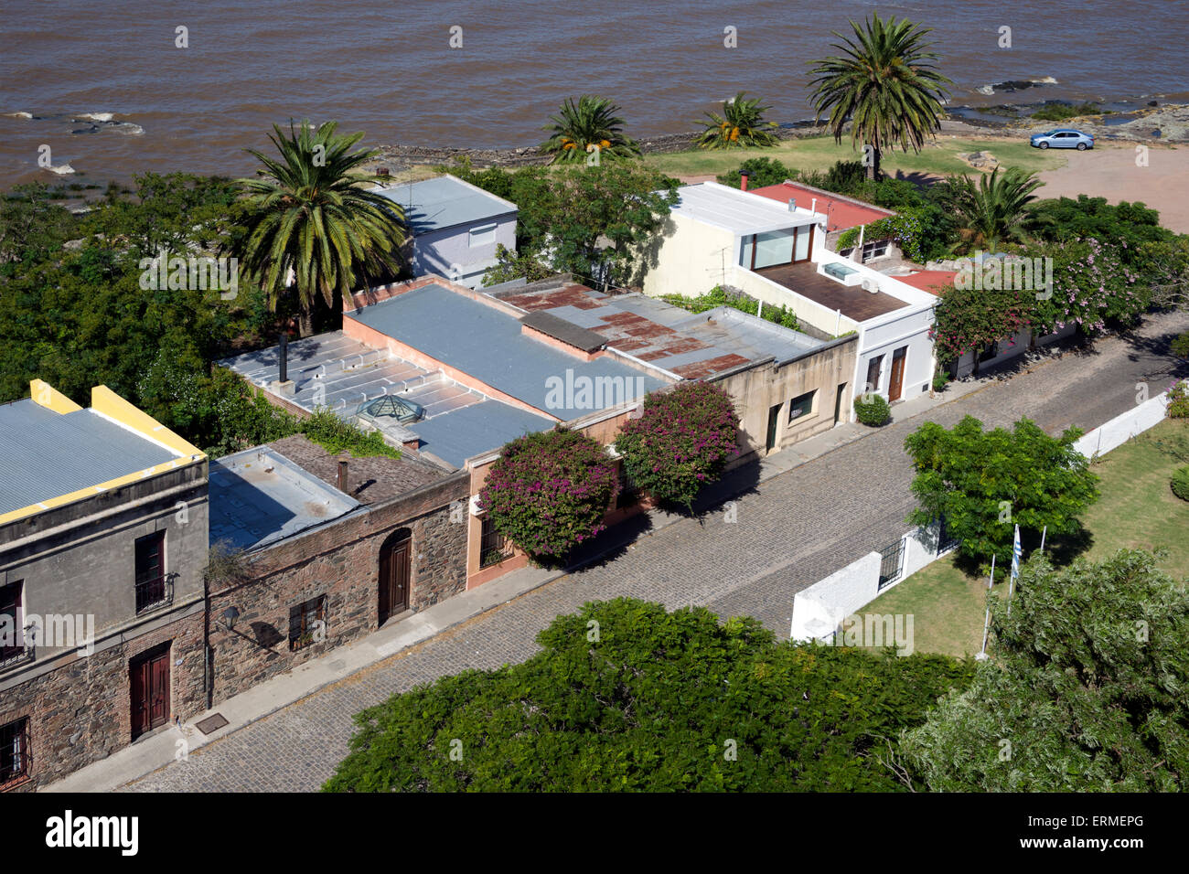 Aerial view houses De San Pedro historic colonial quarter Colonia del
