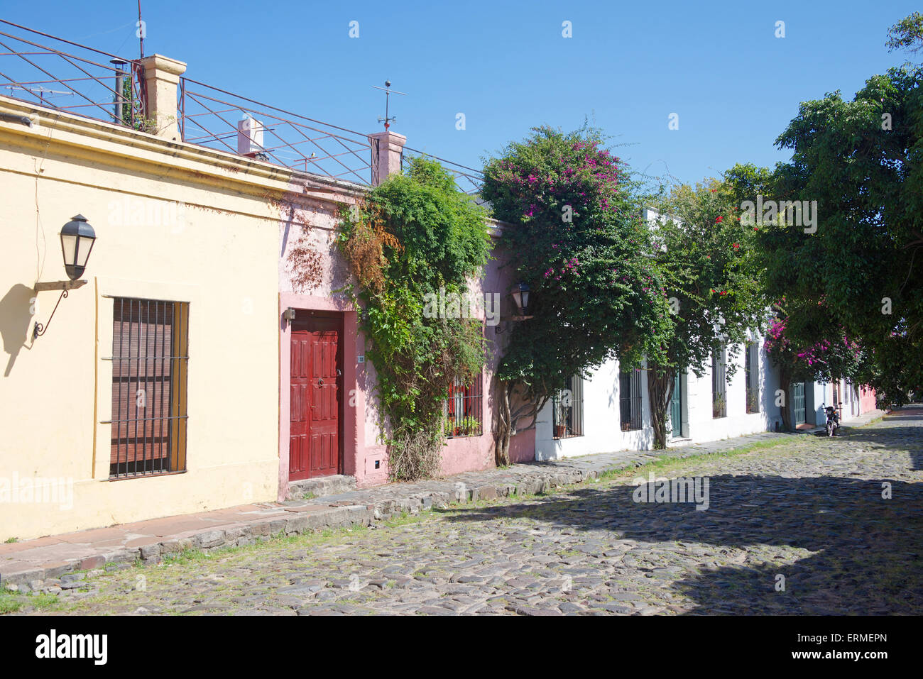 Cobble stone street with painted colonial houses historic colonial