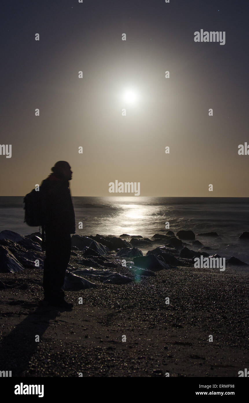 Silhouette of beach and moon, Hayling Island, Blue Flag Beach