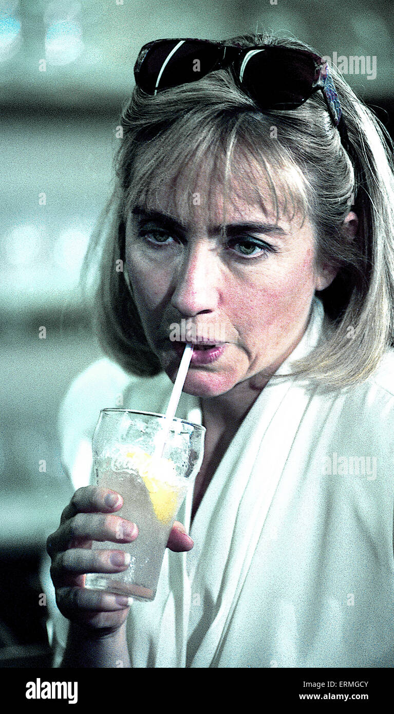 Corsicana, Texas. USA, 29th August 1992 The Clinton Campaign bus tour thru  Texas stops at Dee's Restaurant in Corsicana. Hillary Clinton sips a glass  of lemonade in Dee's Restaurant Stock Photo