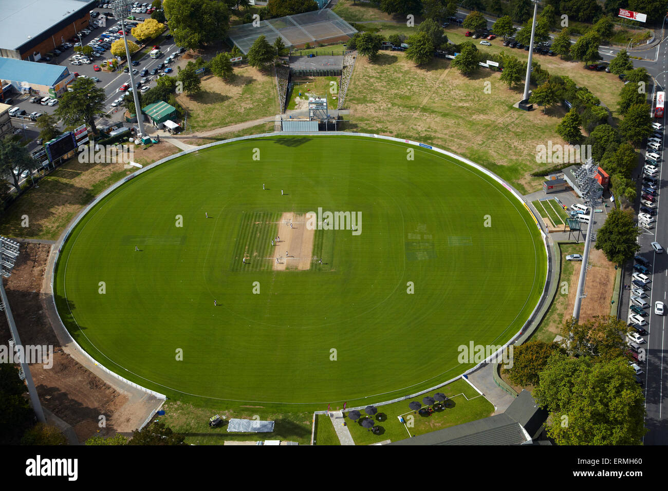 Cricket match at Seddon Park, Hamilton, Waikato, North Island, New Zealand - aerial Stock Photo