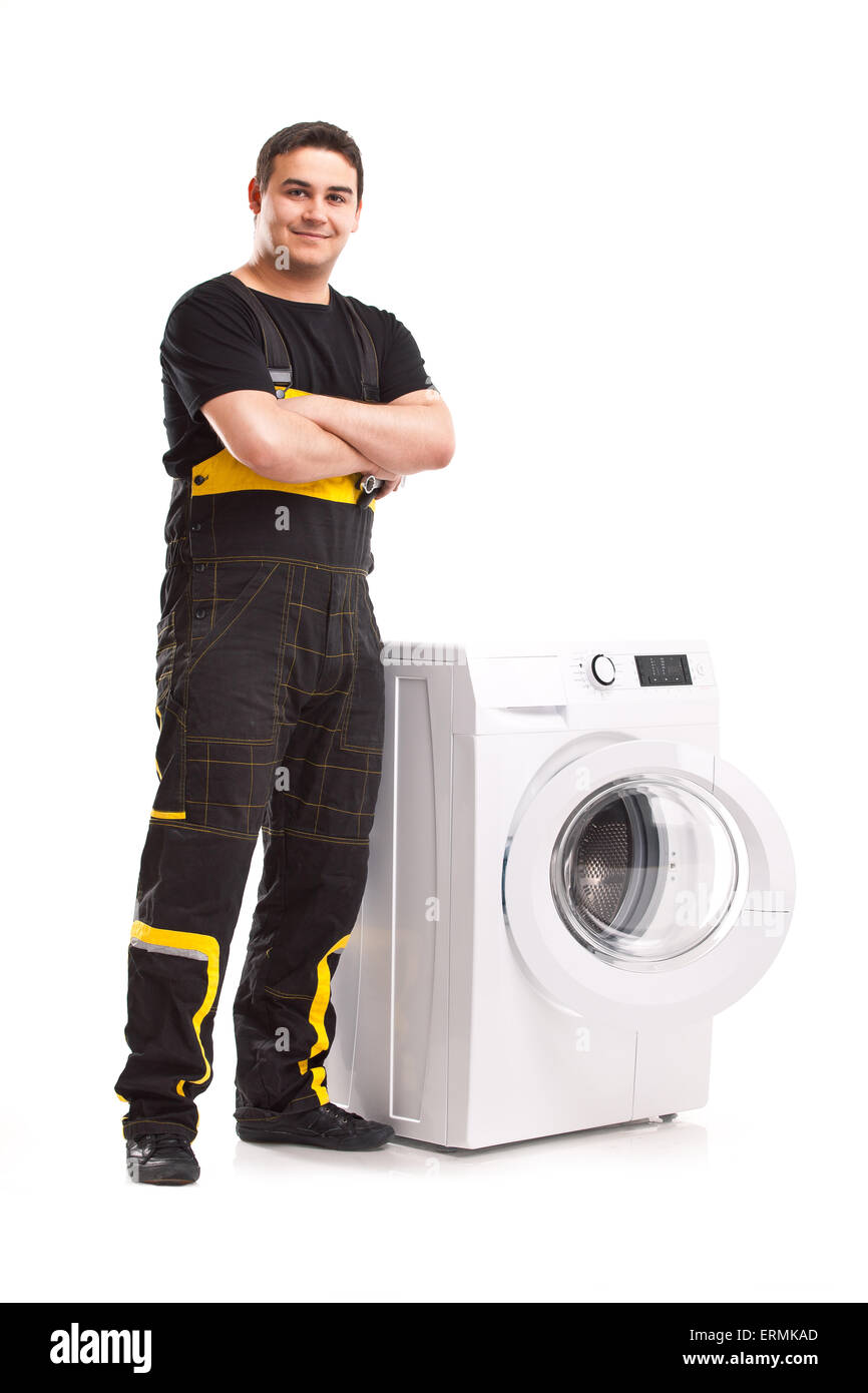 studio photo of washing machine repairman Stock Photo Alamy
