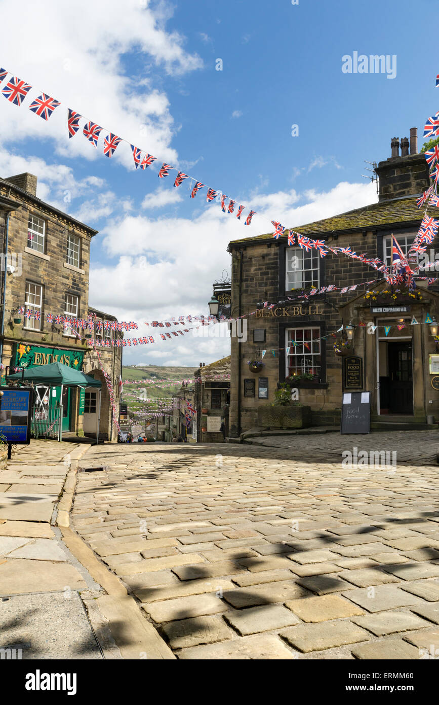 Bunting and cobbles on the High Street in Haworth, Stock Photo