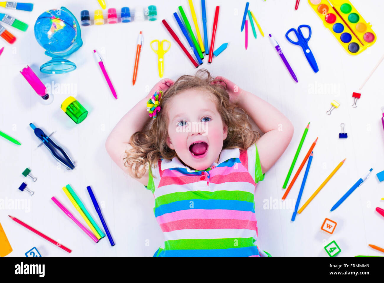 Child With Draw And Paint Supplies Kids Happy To Go Back To School Stock Photo Alamy